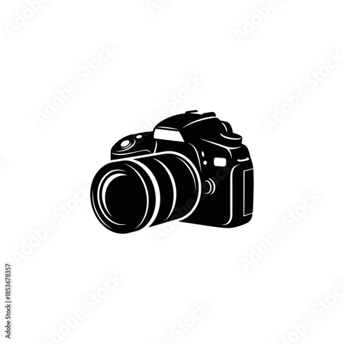 Black DSLR camera with lens on isolated white background