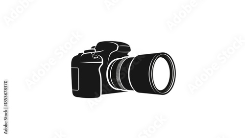 Professional digital camera with large lens in black and white
