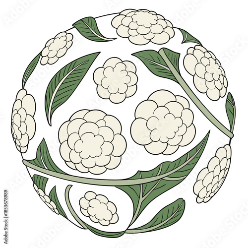 Cauliflower florets and leaves forming a sphere green
