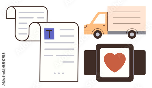 Documents with digital text, yellow delivery truck, and smartwatch with red heart. Ideal for messaging, logistics, e-commerce, technology, communication fitness tracking customer care. Simple flat