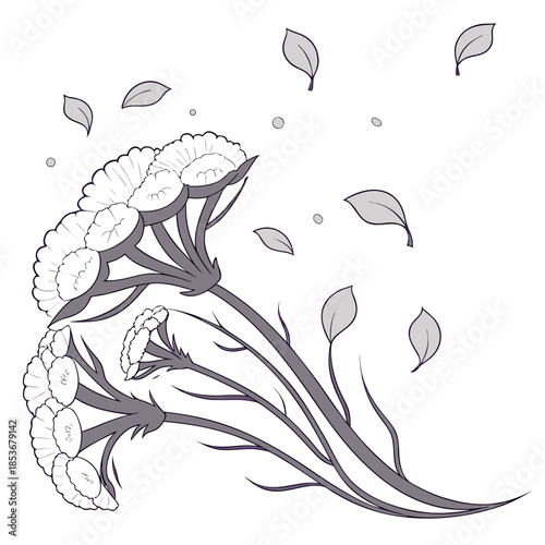 Floating cauliflower petals and leaves 3d composition