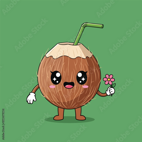 Cute Coconut Drink Character Holding a Pink Flower on Green Background Illustration