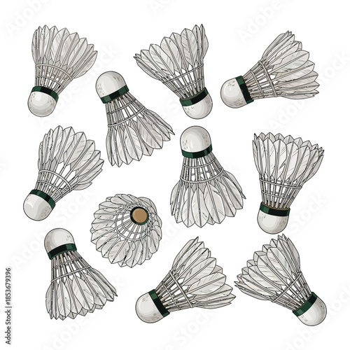 Collection of badminton shuttlecocks isolated on white background