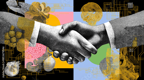 A conceptual collage illustration of two human hands shaking, representing partnership, trust, collaboration, and innovation, combined with abstract shapes and technology elements for modern business 