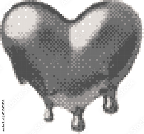 3D glossy chrome heart with dripping blood vector pixel art, retro Y2K silver heart melted metal surface, romantic emoji