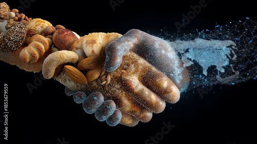 A conceptual image of a human and digital hand shaking, formed from bread, grains, and nuts, symbolizing global food technology, nutrition innovation, sustainable bakery, and the future of food system