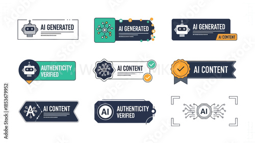 Collection of ai generated content authenticity badges and verification symbols
