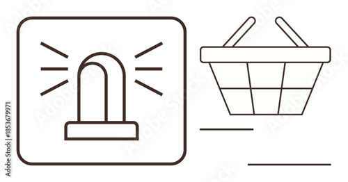 Emergency beacon and shopping basket symbols highlight urgency in retail, e-commerce, and service sectors. Ideal for safety, consumer awareness, logistics, efficiency, technology, innovation simple