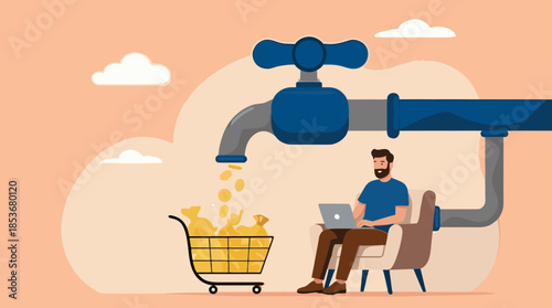 passive income from stock investment dividends, sleeping businessman hanging from a water tap that dispenses golden coins collected in a shopping cart, income from auto pilot business or investment