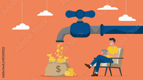 passive income from stock investment dividends, sleeping businessman hanging from a water tap that dispenses golden coins collected in a shopping cart, income from auto pilot business or investment