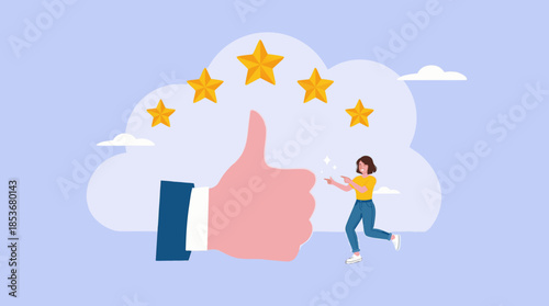 five star rating illustration with concept of businessman standing next to big thumbs up and five star rating, business people placing 5 stars rating, client holding review stars concept illustration