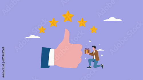 five star rating illustration with concept of businessman standing next to big thumbs up and five star rating, business people placing 5 stars rating, client holding review stars concept illustration