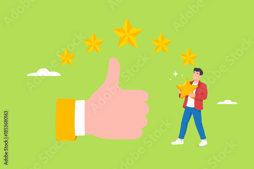five star rating illustration with concept of businessman standing next to big thumbs up and five star rating, business people placing 5 stars rating, client holding review stars concept illustration