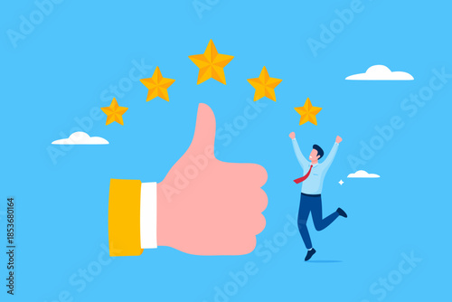 five star rating illustration with concept of businessman standing next to big thumbs up and five star rating, business people placing 5 stars rating, client holding review stars concept illustration