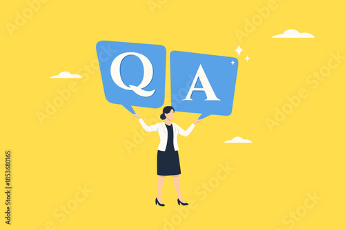 Q and A with bubble chat icon and businesswoman illustration. question and answer vector illustration. question or information to solve problem. business people holding bobble chat with Q and A text