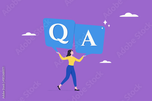 Q and A with bubble chat icon and businesswoman illustration. question and answer vector illustration. question or information to solve problem. business people holding bobble chat with Q and A text