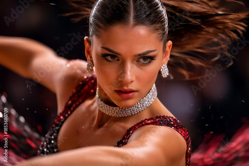 Poised Dancer in Motion: A captivating dancer with intense focus, poised gracefully during a dynamic performance. Capturing the artistry, emotion, and elegance of dance.