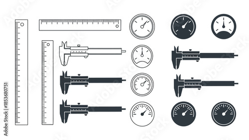 Collection of precision measurement tools rulers calipers and pressure gauges