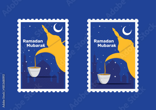 Festive Ramadan Mubarak illustration featuring a traditional Arabic dallah coffee pot pouring coffee into a cup under a crescent moon and starry night sky. The design is presented in a postage stamp–s