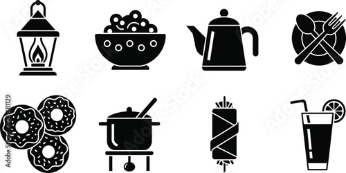 Black and white icons of food and drink items