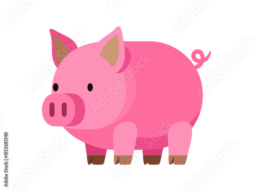 Cute cartoon pink pig standing and looking to the side, isolated on a white background