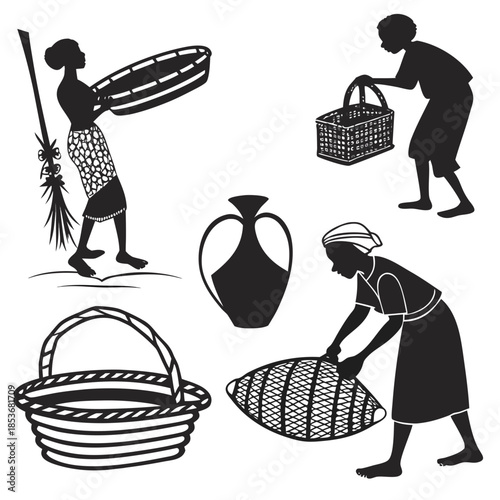 Black silhouettes of people carrying baskets and a jug