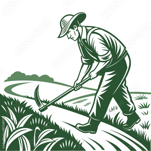 Green of man in hat using hoe in field farming