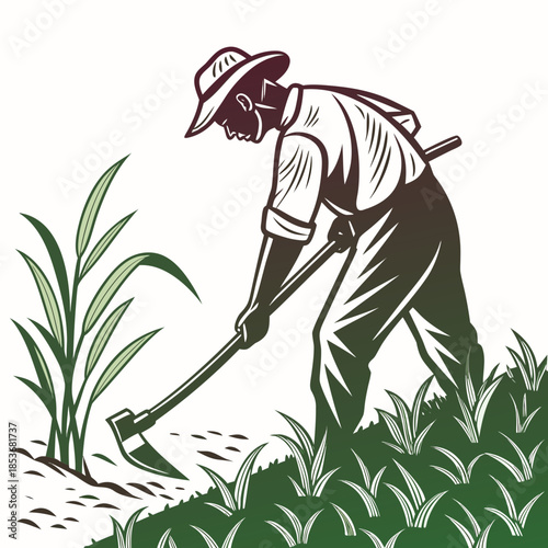 Man in hat using hoe to weed green plants gardening