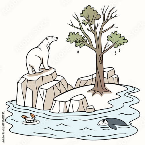Polar bear on melting iceberg with tree and fish