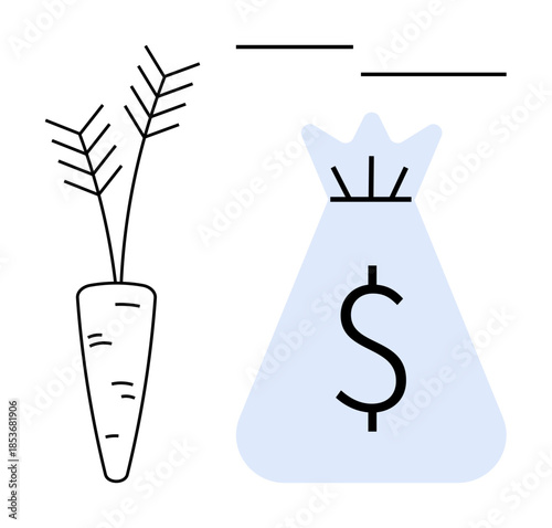 Carrot and money bag with dollar sign showcasing agricultural earnings, farming revenue, growth, investment, economic sustainability, organic farming. Ideal for business, market, agriculture themes