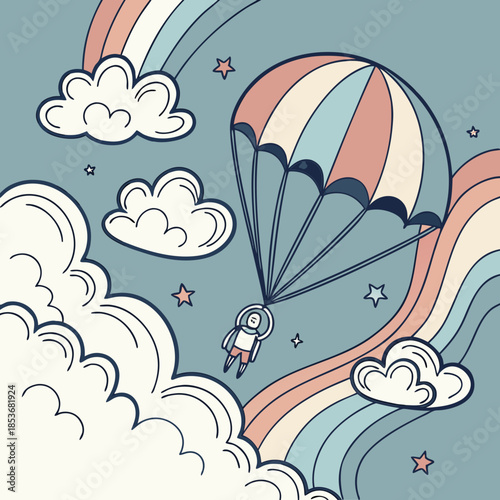 Astronaut parachuting through clouds and rainbow parachute