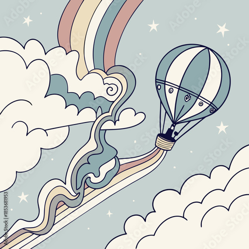 Hot air balloon flying under rainbow and stars with clouds