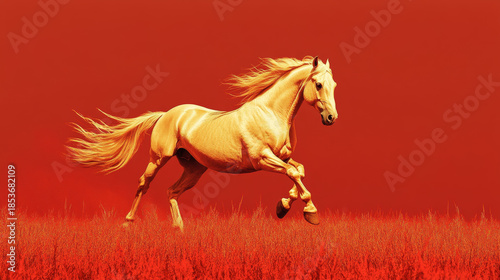 Majestic White Horse Galloping Dynamically Against a Fiery Red Background