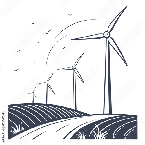 Wind turbines on rolling hills with birds flying overhead