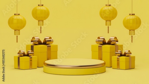 Luxury yellow product display podium with gifts and lanterns
