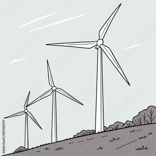 Wind turbines on a hillside with trees and grass windmills