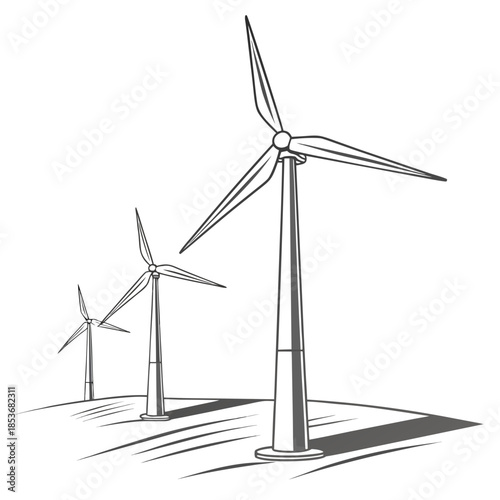 Wind turbines on a hill with transparent background