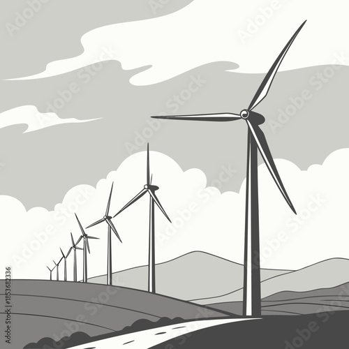 Wind turbines on rolling hills with cloudy sky wind farm