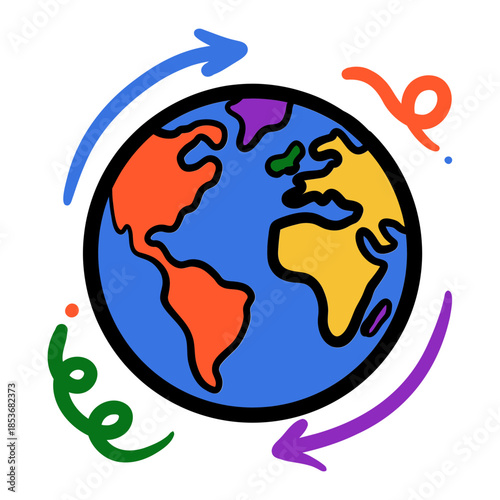 Colorful cartoon globe with swirling arrows for global connection