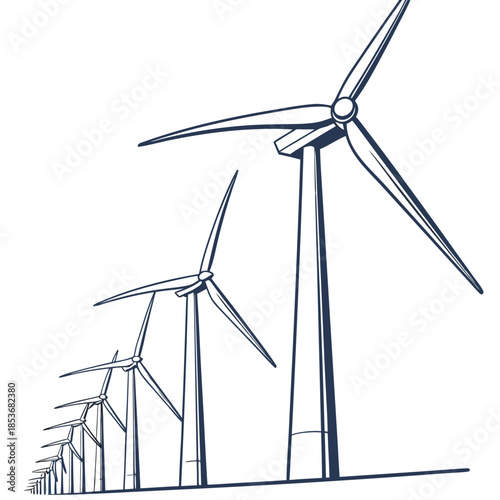 Multiple wind turbines aligned in perspective view