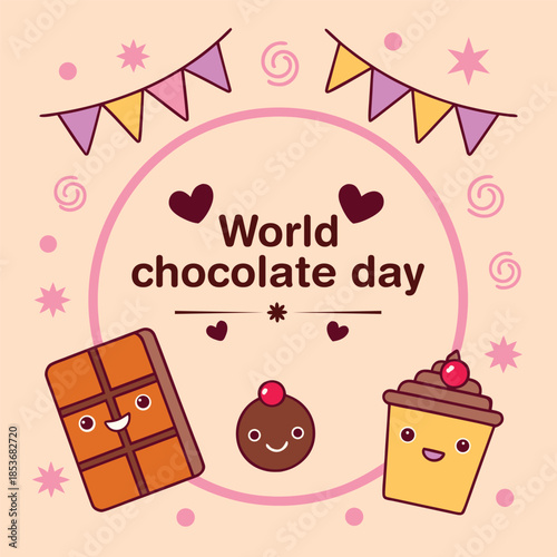 A happy world chocolate day celebration graphic with cheerful cartoon sweets