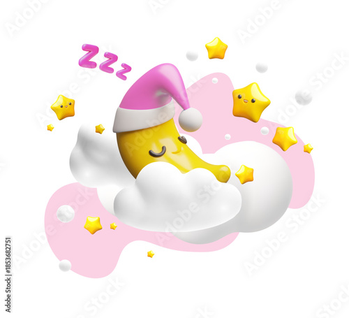 Cute crescent moon character wearing pink night cap sleeping in clouds, sweet dreams on the sky 3D plastic style vector