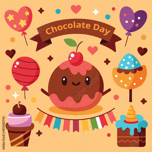 A delightful cartoon illustration of chocolate day celebration featuring various sweet desserts and balloons.