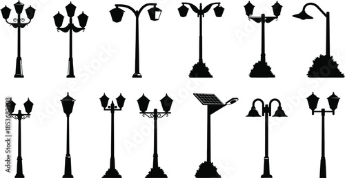 Collection of various street lamp silhouettes