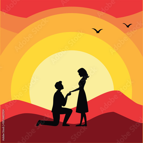 A man proposes to a woman with a romantic silhouette against a beautiful sunset sky