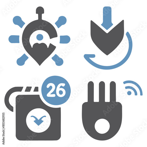 Smart device location and wireless technology icon vector set. A modern icon set featuring smart devices, location tracking and wireless connectivity symbols.