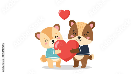 Cute Cartoon Raccoon Dog Couple Holding Heart.