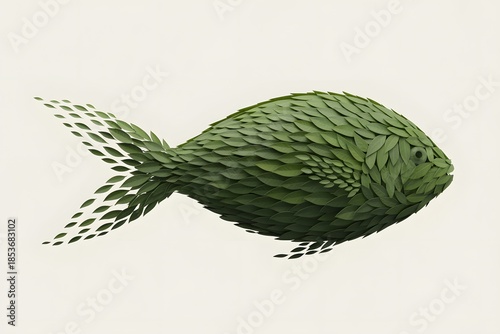 Beautiful fish created from fresh green leaves on white background
