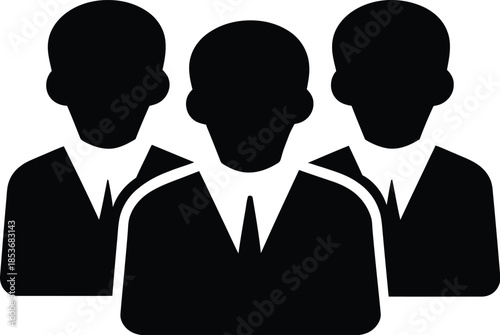 Simple black and white icon representing a group of three business professionals or users