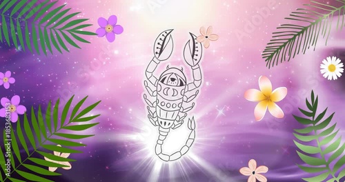 Animation of scorpio star sign over flowers and leaves on purple background